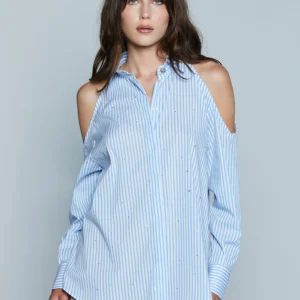 Camisa larga ORIHUELA con abertura en el hombro más bordado de logotipo más rayas de pedrería