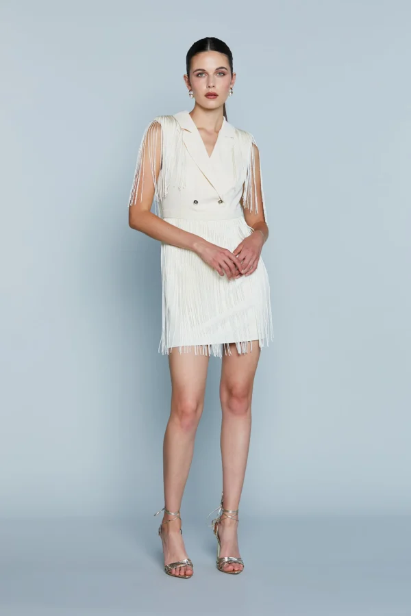 BRONZATA Vestido Corto Tubo Escote Doble en V con Flecos (Tallas Italianas)