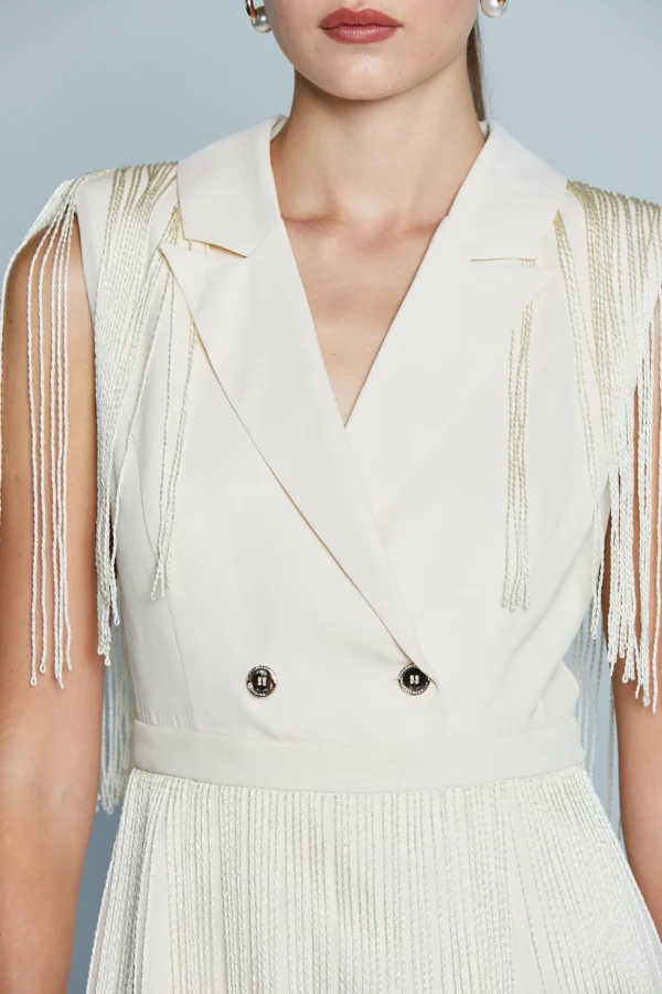 BRONZATA Vestido Corto Tubo Escote Doble en V con Flecos (Tallas Italianas) - Imagen 4