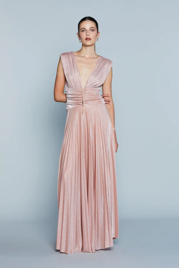 Vestido Largo CORALIUM con Doble Escote en V y Aberturas, Más Fruncido y Collar de Lurex (Tallas Italianas)