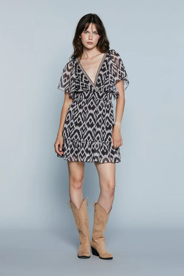 ALMEIDA_C Vestido Corto M/M Doble Escote en V Ancho con Borde de Cuentas F.Etnica plus Lur
