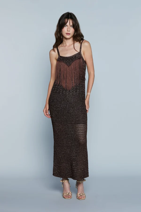 Vestido Largo AVILES S/M con Combinación más Flecos L.Crochet más Lurex