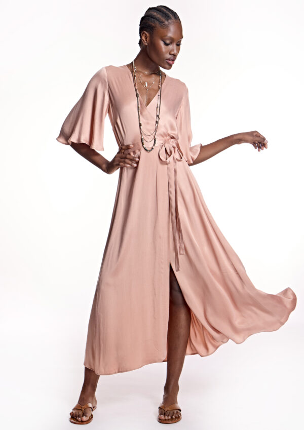 Vestido cruzado de bambula rosa - Imagen 3