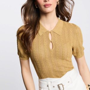 Jersey cuello tipo polo amarillo mostaza mujer