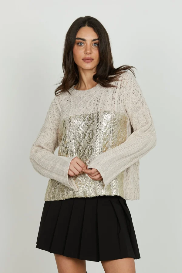 Suéter oversize de manga larga PSYLLOS con confección trenzada y baño dorado GRIS CENIZA MEDIO