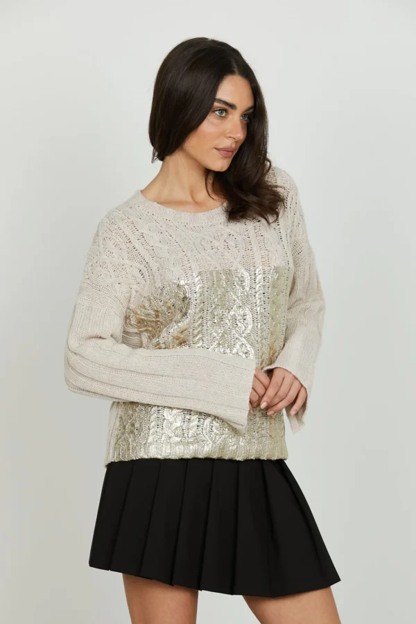 Suéter oversize de manga larga PSYLLOS con confección trenzada y baño dorado GRIS CENIZA MEDIO - Imagen 2