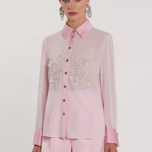 Camisa KITON de manga larga, con inserciones de satén, gemelos y aplicaciones de pedrería