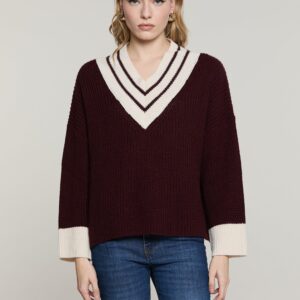 Jersey bicolor PHYNIA de cuello en V - Burdeos y crudo